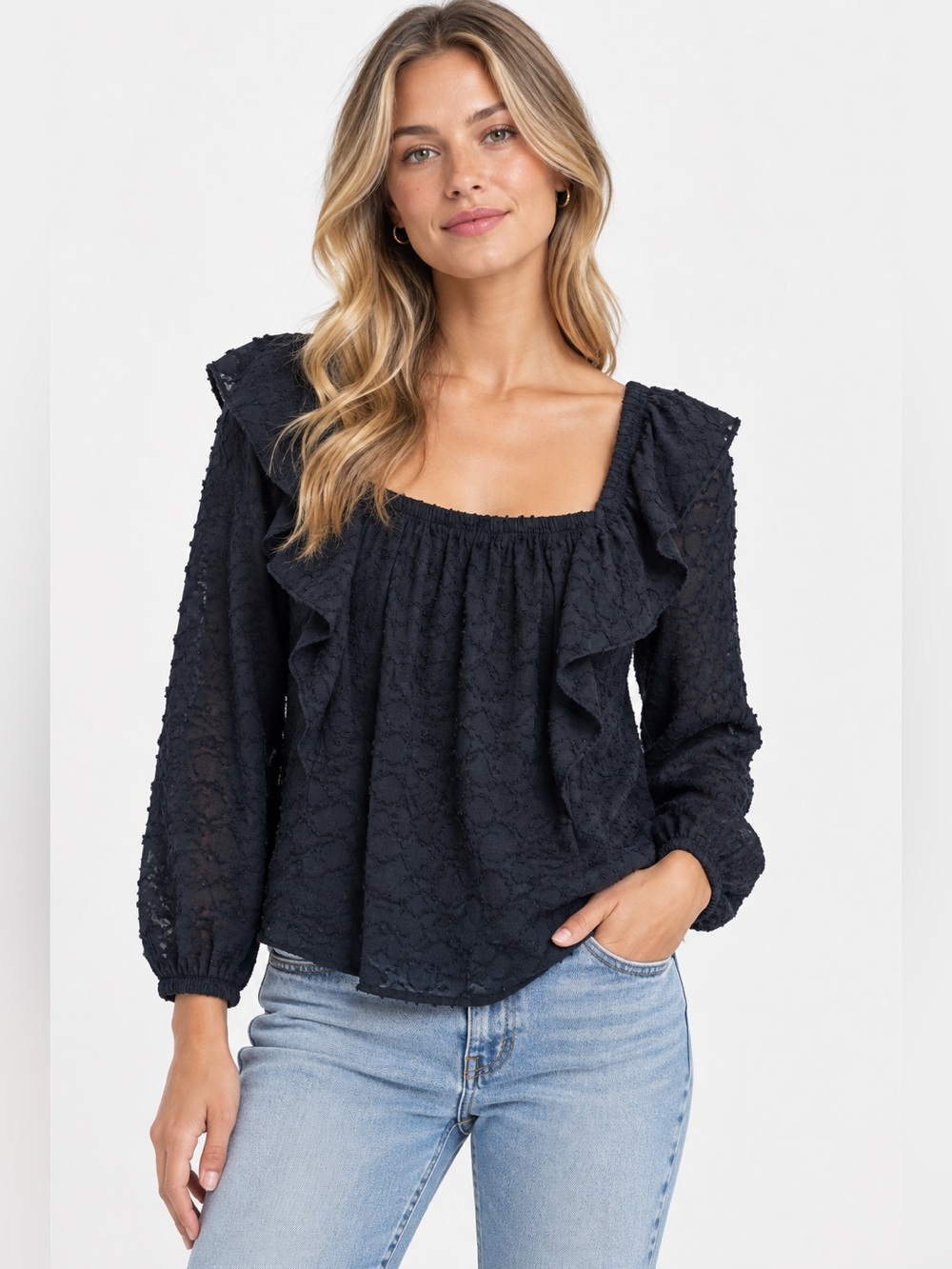 Vineyard Vines Textured Ruffle Long Sleeve Top Black Size Medium 531